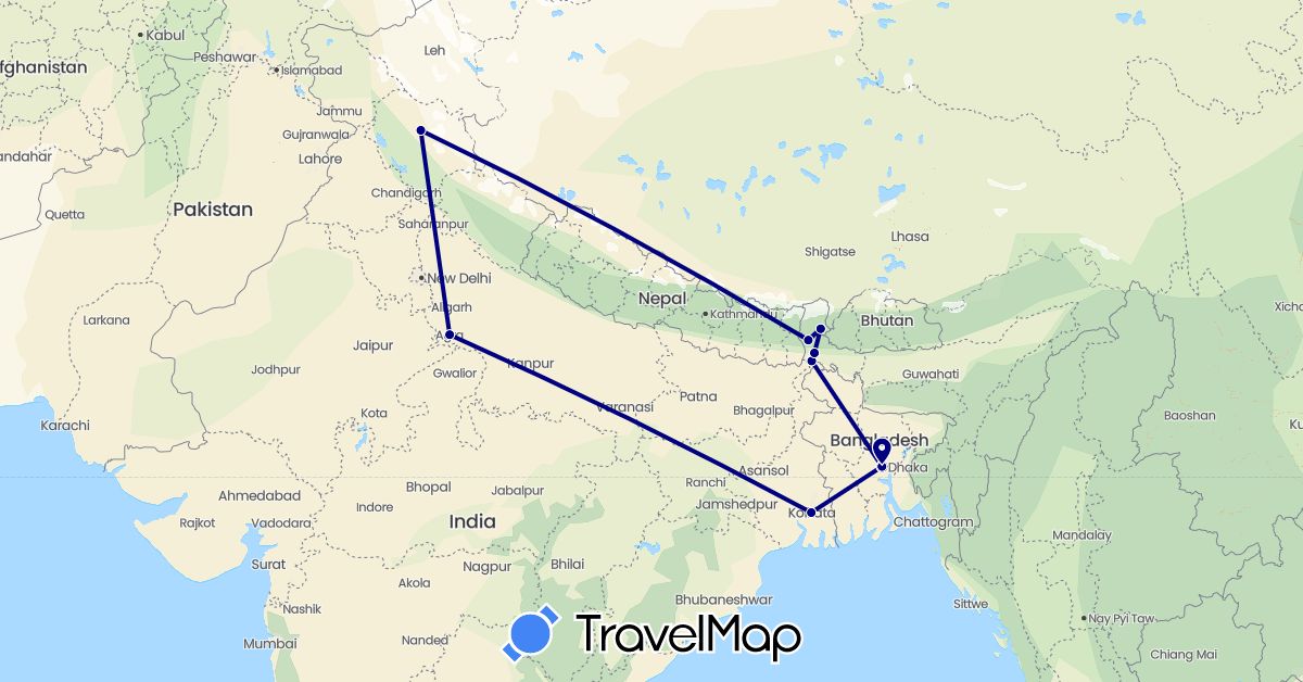 TravelMap itinerary: driving in Bangladesh, India (Asia)